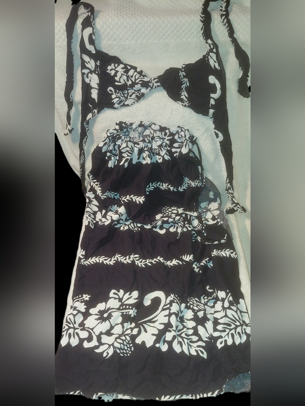 Black & White Floral Straped Adjustable Drawstring Skirt & Bikini Top w Ties, OS